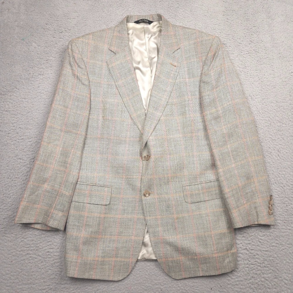 Jos A Bank Sport Coat Men 41R Wool Silk Linen Herringbone Windowpane Gray